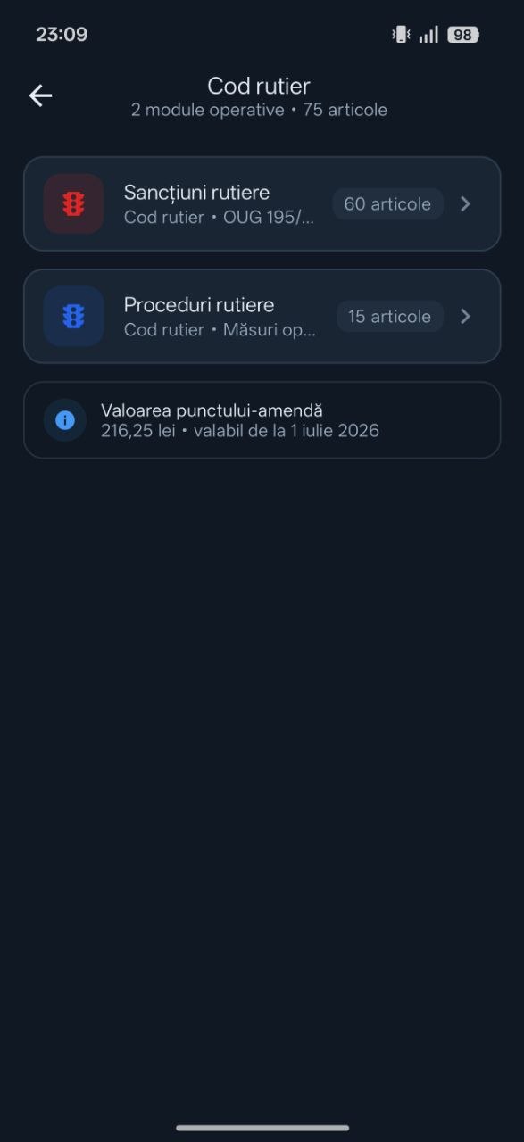 Modulul Cod rutier din JAC: 2 module operative, 75 de articole — Sancțiuni rutiere (60) și Proceduri rutiere (15) — și valoarea punctului-amendă, 216,25 lei.