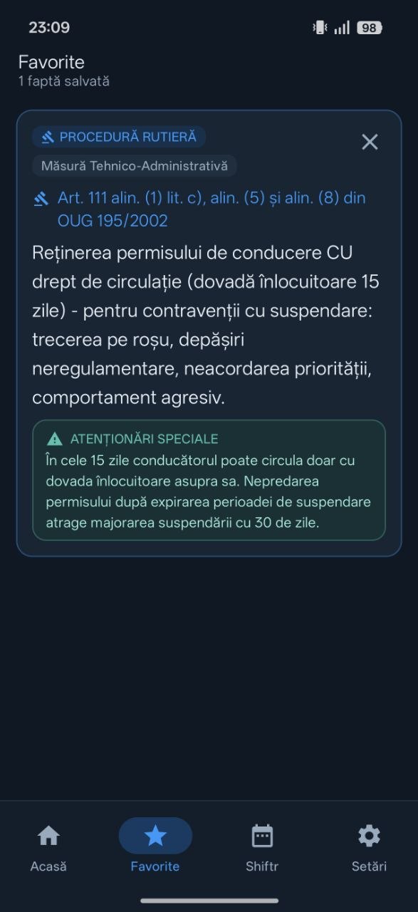 Fișa salvată la Favorite: procedură rutieră, reținerea permisului de conducere conform Art. 111 din OUG 195/2002, cu caseta Atenționări speciale.