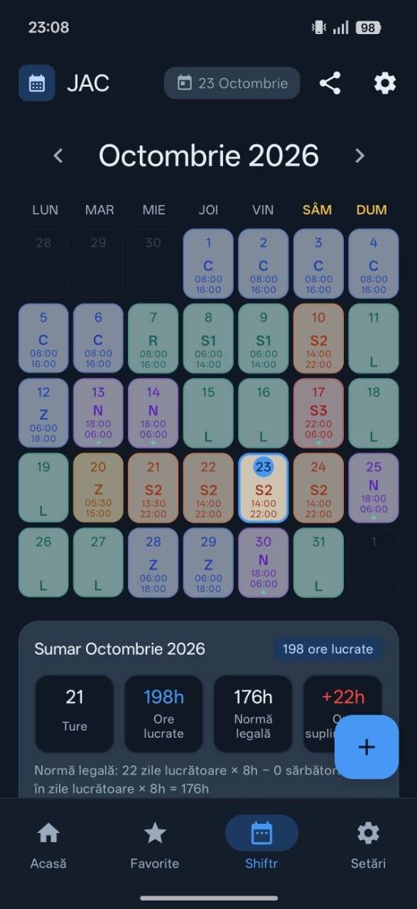 Calendarul Shiftr pentru octombrie 2026, cu ture de zi, noapte, schimburi, concediu și zile libere, colorate pe tipuri, și ziua de 23 selectată.